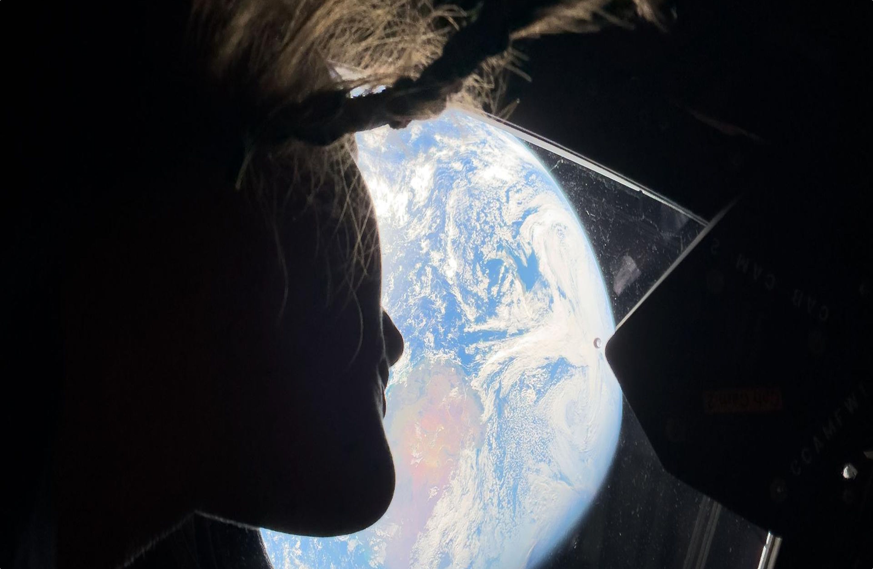 Through a spacecraft window, a strand of hair floats against the Earth below