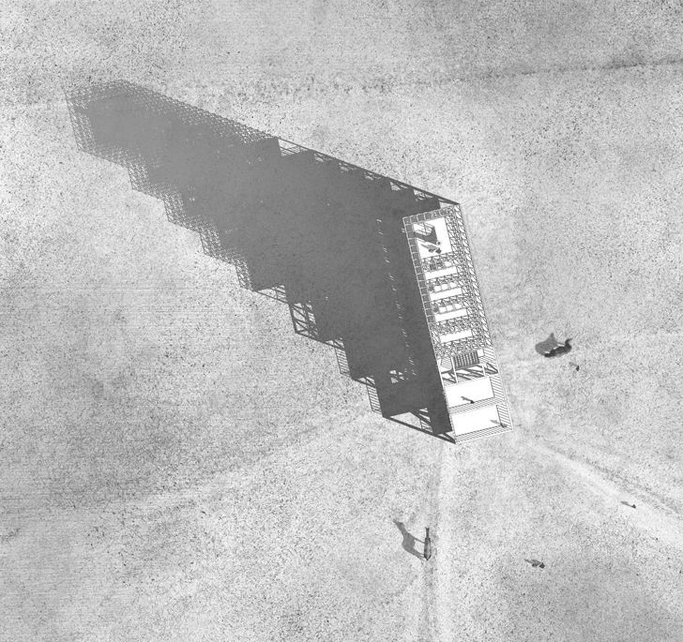 A long building and its shadow from directly above, in black and white