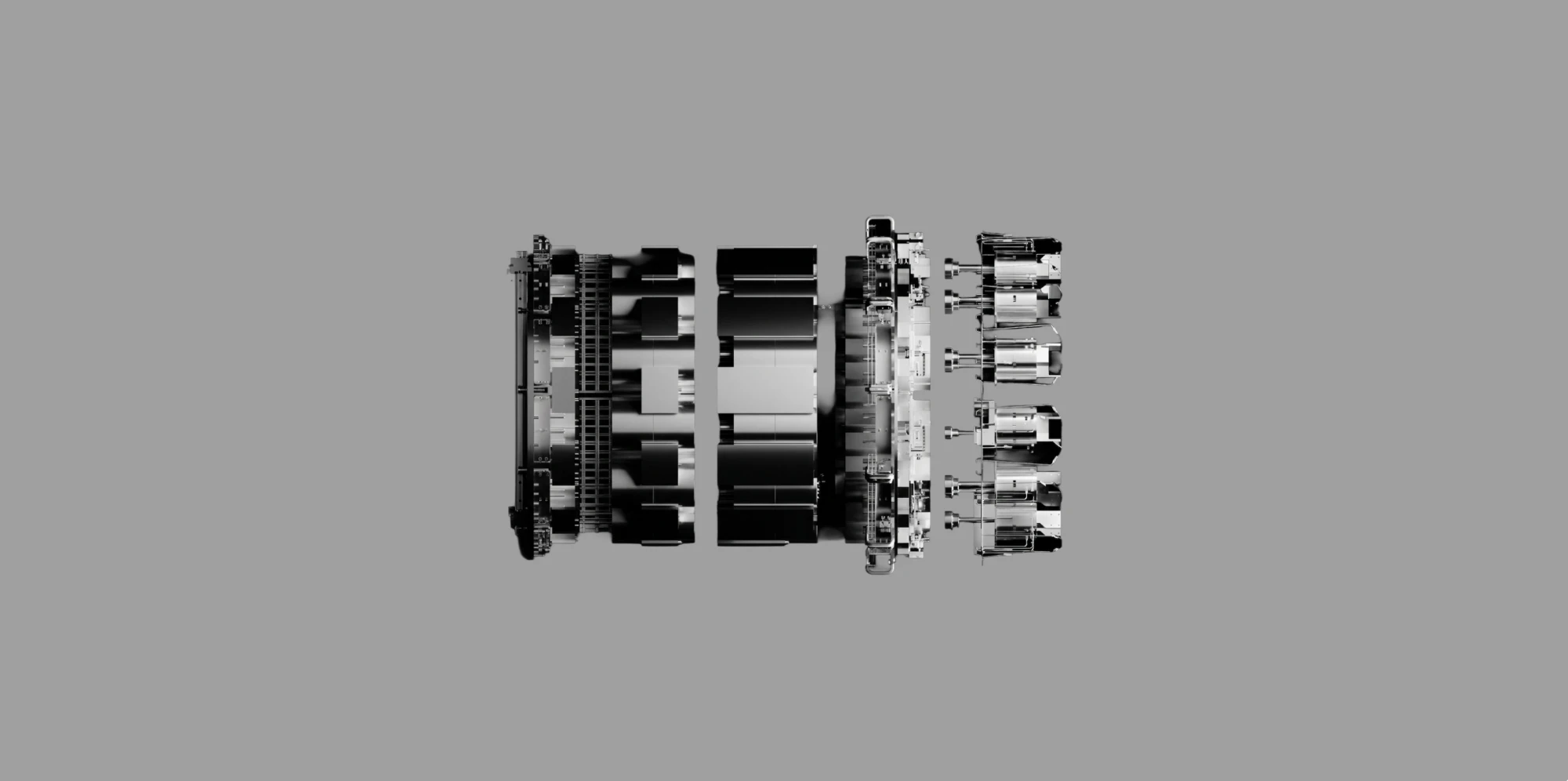The R1 microreactor in exploded view, its modules side by side on flat grey