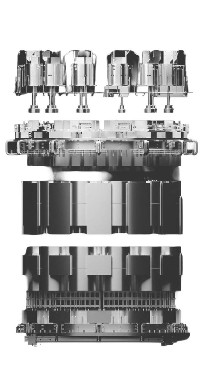 The R1 microreactor in an exploded view, its four modules stacked apart