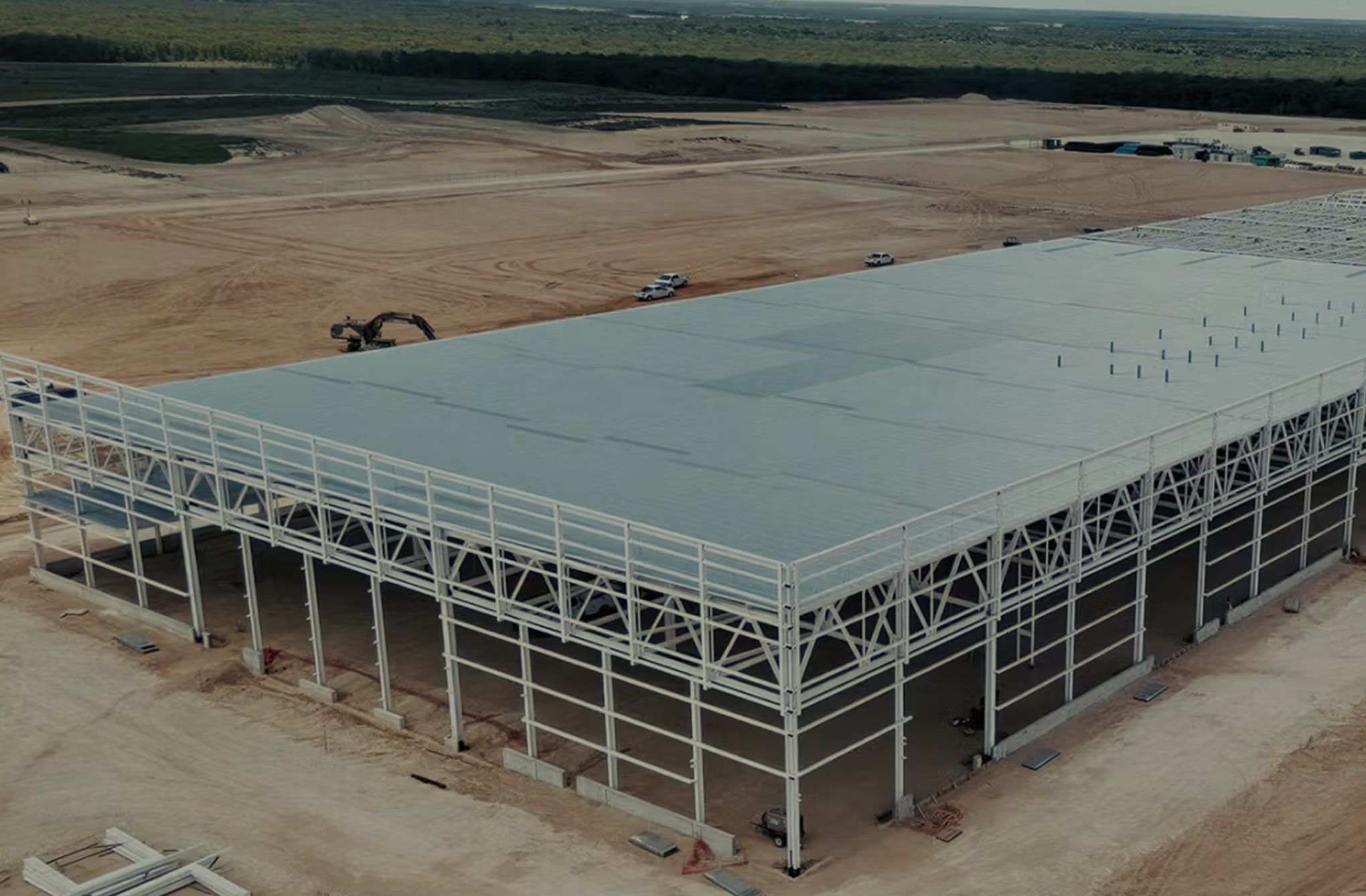 Aerial view of the Antares Prime steel frame and roof going up on a cleared site