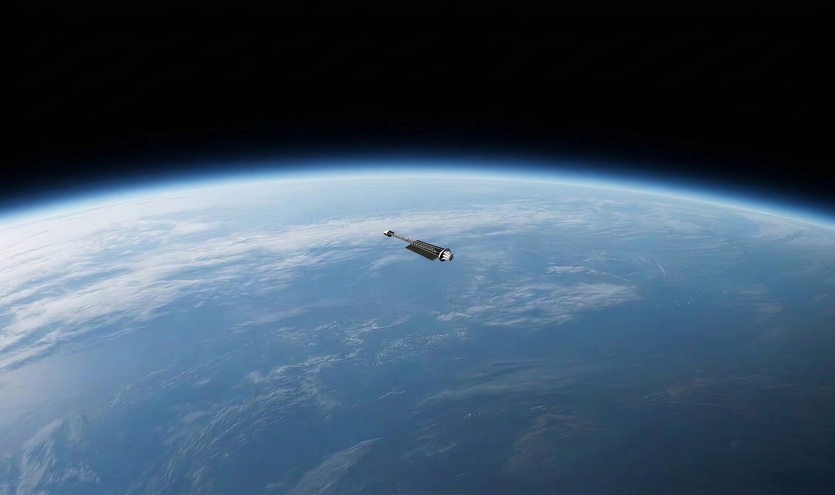 A nuclear-powered spacecraft in orbit, lit by the sun above the curve of the Earth